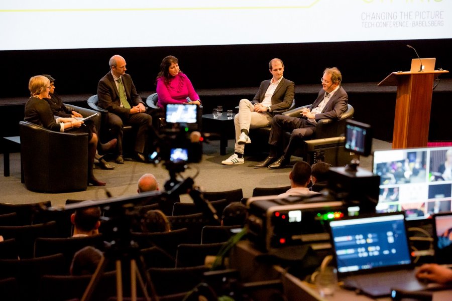 Kate moderates the Make Europe Prime Again? panlel on VoD services with (left to right: Soumya Sriraman, President of Britbox; Audrius Perkauskas, Deputy Head of DG Connect at the European Commission; Professor Annabell Gawer, University of Surrey; Alexandar Vassilev, VEO 7TV; and Robert Amlung, Head of Digital Strategy ZDF.