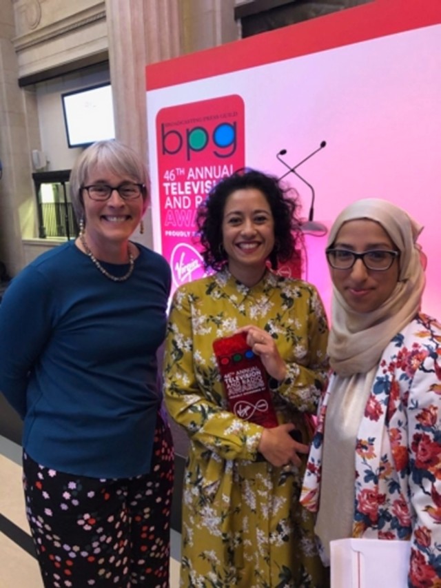 Kate with Samira Ahmed, winner of the Audio Presenter of the the Year award and Farah Jassat, producer of How I Found My Voice podcast 