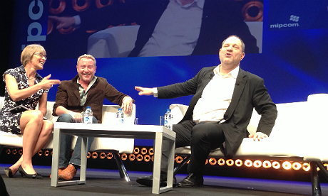 Harvey Weinstein and Michael Flatley at Mipcom, with interviewer Kate Bulkley. Photo: Stuart Dredge